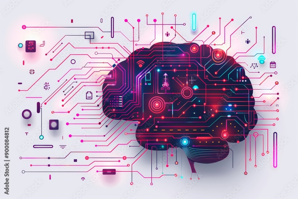 Poster digital brain with circuit board patterns symbolizing the integration of technology and cognitive fu