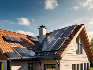 Fototapeta premium Close-up of a new suburban house with a photovoltaic system on the roof. Simple and modern environmentally friendly house with solar panels on the gable roof, with sunlight during the day