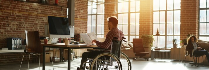 Disabled man in a wheelchair reading a book in a stylish, sunlit office. Accessibility and inclusive workplaces.
