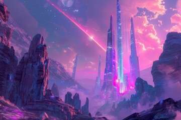 Futuristic city in a rocky canyon with a starry sky and pink clouds