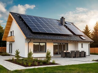 Close-up of a new suburban house with a photovoltaic system on the roof. Simple and modern environmentally friendly house with solar panels on the gable roof, with sunlight during the day