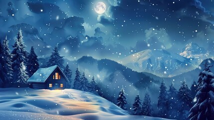 Naklejka premium Cozy Snowy Winter Night Landscape Featuring a Lonely House in the Mountains Surrounded by a Tranquil Forest, Evoking a Sense of Peace and Solitude