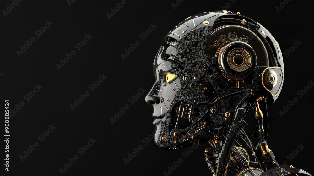 Poster side profile of a black and gold robotic head against a black background. futuristic technology and 