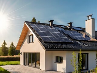 Close-up of a new suburban house with a photovoltaic system on the roof. Simple and modern environmentally friendly house with solar panels on the gable roof, with sunlight during the day