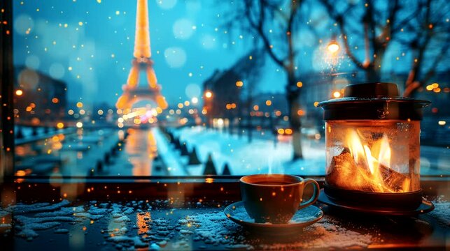 A warm cup of coffee sits on a windowsill, overlooking a snowy cityscape, with the Eiffel Tower in the background seamless looping animation time lapse 4k video background 