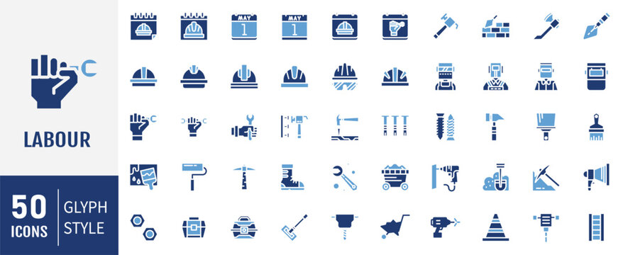 Set of 50 icons related to labor, construction, labour day, renovation. Solid icons vector collection.