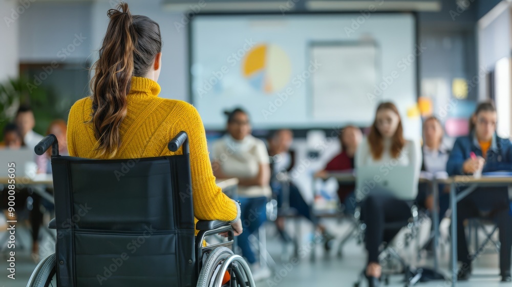 Poster woman in a wheelchair attending a business presentation in a corporate setting. emphasizing professi