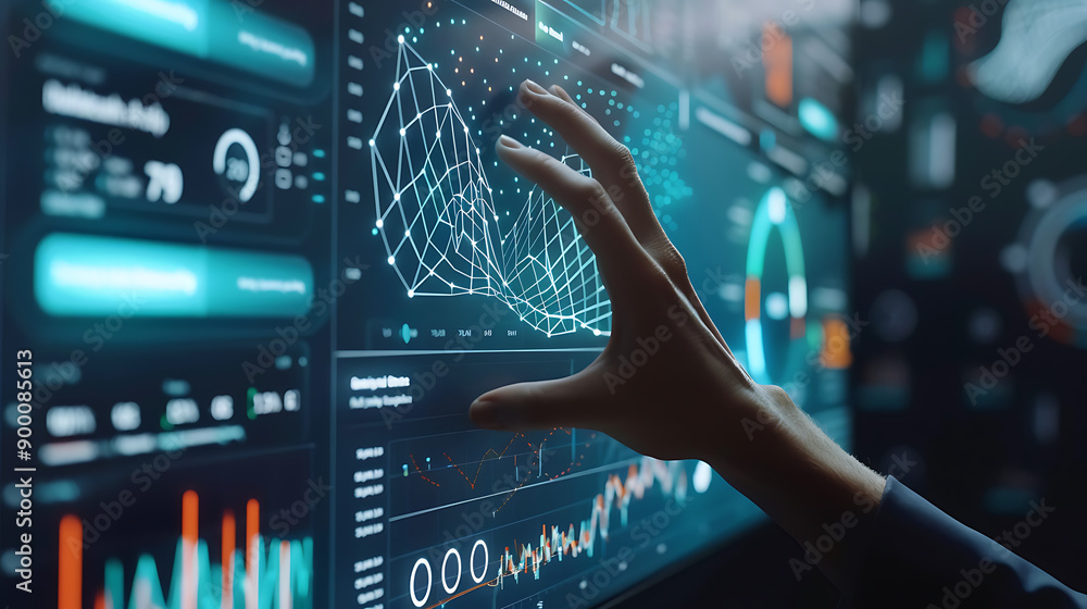 Poster Business intelligence analyst dashboard on virtual screen. Big data Graphs Charts.