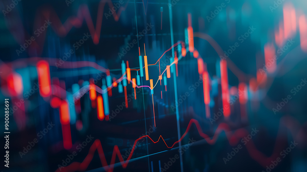 Poster Closeup financial chart with uptrend line candlestick graph in stock market on blue color monitor background