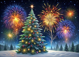 Vibrant festive colors illuminate a dark winter night as sparkling fireworks burst above a snow-dusted evergreen tree, capturing the magic of the holiday season.