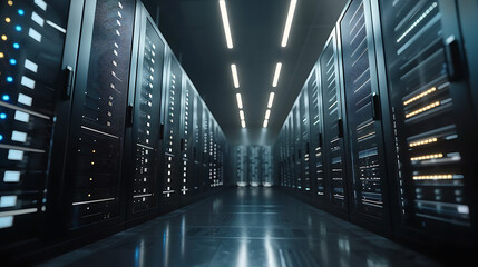Obraz premium Connection network in servers data center room storage systems 3D rendering