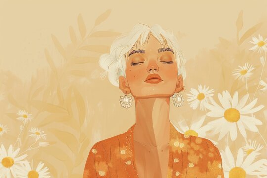 Chinese minimalism illustration, portrait of a European woman with short platinum blonde hair styled in a textured pixie cut with a beaded headband, wearing a boho blouse, boho woman