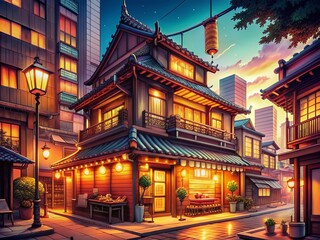 Vibrant Tokyo night scene: cozy ramen shop with neon signs, traditional Asian architecture, and surrounding houses, bathed in warm golden light, 16:9 4K resolution, anime-inspired art style.