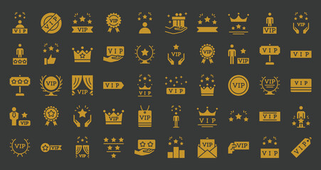 Set of 50 Gold VIP icon. Contains such Icons as Special Guests List, Red Carpet, VIP glyph and more. Solid icons vector collection.