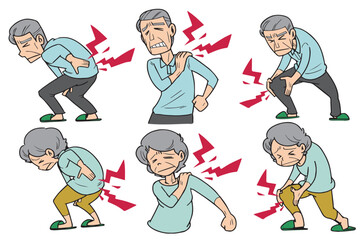 シニアの肩こり・腰痛・膝の痛みイラスト_男女セット