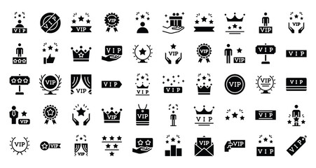 Set of 50 VIP icon. Contains such Icons as Special Guests List, Red Carpet, VIP glyph and more. Solid icons vector collection.