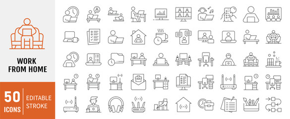 Work from home Line editable icons set. Containing icons: Freelancer, hybrid work, digital nomad, Remote work, Video Conference and more. Vector illustration