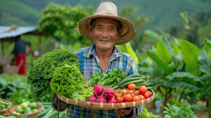 A smiling farmer holds a basket of fresh vegetables, showcasing a bountiful harvest against a lush green landscape.