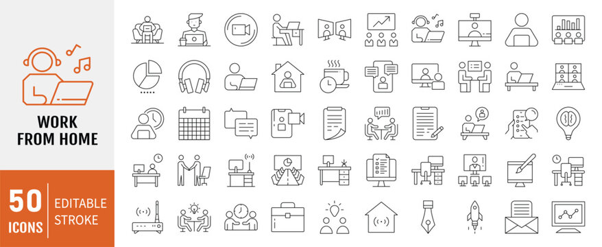 Work from home Icons set. Work from home icons Pixel perfect. Contains such Icons as freelancer, hybrid work, digital nomad, Remote work, Video Conference and more.