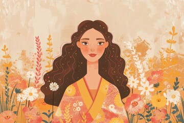 Chinese minimalism illustration, portrait of a Hispanic woman with curly chestnut hair styled in a half-up, half-down look with a headscarf, wearing a boho kimono, flat illustration 