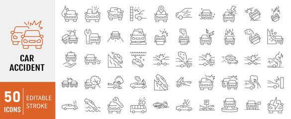 Vector line set of icons related to car accident. Contains monochrome icons like car, collision, crash, accident and more. Simple outline sign.