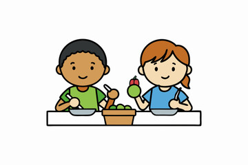 Kids Eating and Playing Together Vector Art Illustration