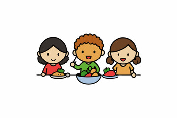 Kids Eating and Playing Together Vector Art Illustration