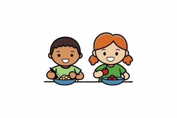Kids Eating and Playing Together Vector Art Illustration