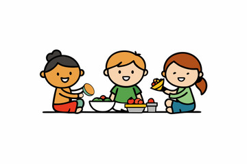 Kids Eating and Playing Together Vector Art Illustration