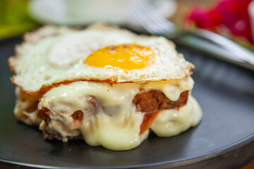 Sandwich de Jamón con queso gratinado acompañado por un huevo