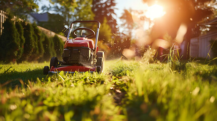 Lawn mower cutting green grass in backyard, mowing lawn