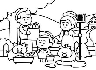 Family working in pigs farm.