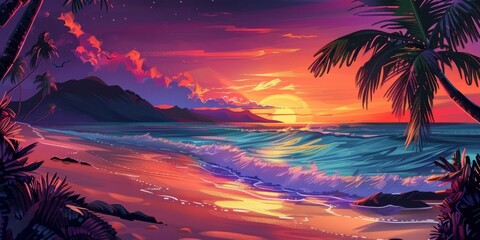 A tranquil beach at sunset with vibrant skies,