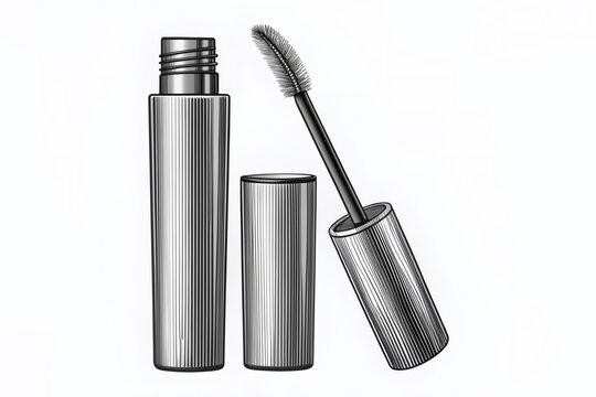 A sleek, black mascara tube with a flexible, curved brush applicator is centered on a pure white background, awaiting beauty application.