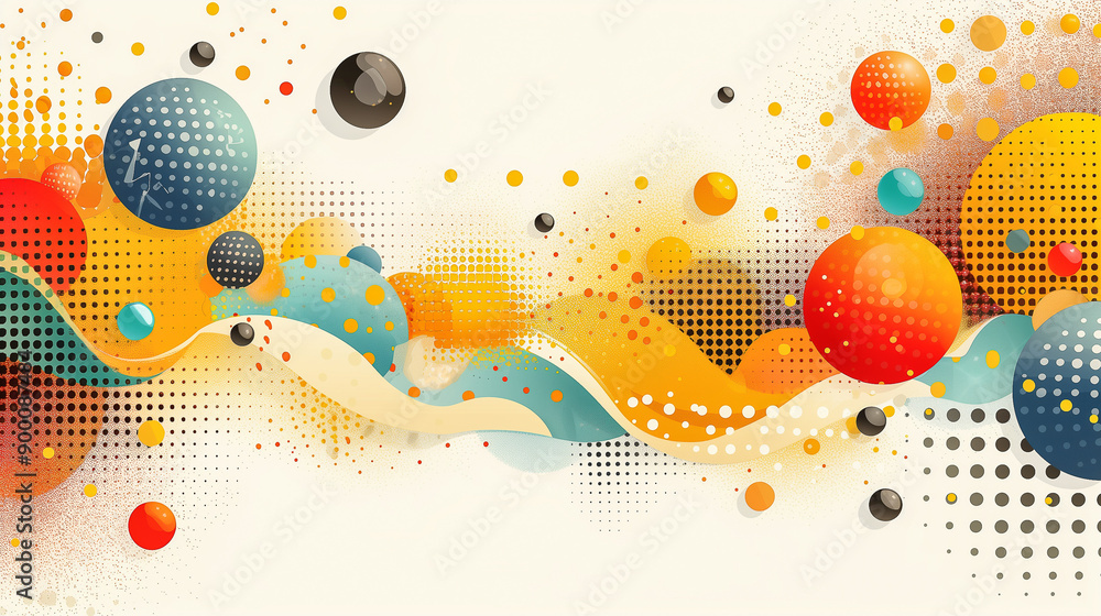 Poster abstract geometric shapes with colorful dots and waves..