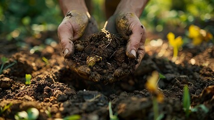 Close-Up of Soil Enrichment: Hands Mixing Compost into Earth for Gardening
