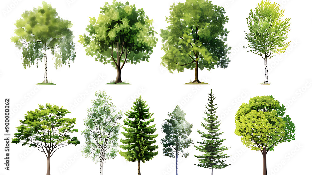 Poster Set of green trees isolated on white background. Different kinds of tree collection
