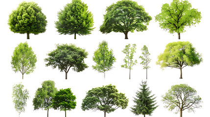 Set of green trees isolated on white background. Different kinds of tree collection