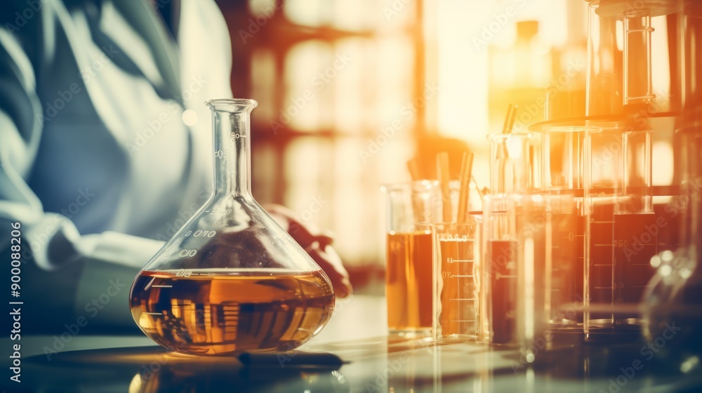 Aufkleber flask in scientist's hand with laboratory equipment and science experiments, microscope for chemistr