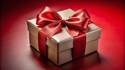 Obraz premium Elegant hands cradle a sophisticated gift box adorned with a lavish bow against a bold red background, evoking luxury and refinement in a festive atmosphere.