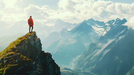 Tourist in mountain peak. Active life concept