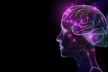 Neon brain outline in profile on a dark background representing modern cognitive science and technology