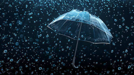 Transparent umbrella under rain against water drops splash background. Rainy weather concept.