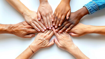 diverse group of hands coming together in unity, illuminated by sunlight. This image symbolizes inclusivity, equity, and diversity, celebrating the power of collective action and togetherness