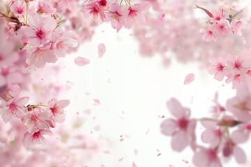 Fototapeta premium Cherry Blossom Frame. A frame of delicate pink cherry blossoms with petals gently falling. The center opens to a blank, serene garden.