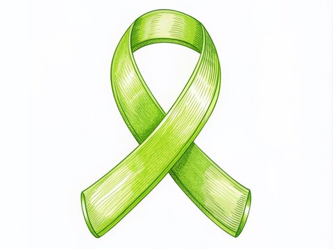 Lime green ribbon on a white background symbolizing lymphoma and non-Hodgkin disease awareness, surrounded by empty copy space for cancer support and fundraising messages.