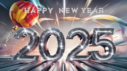 Happy new year 2025 celebration. Text design unique colorful futuristic design. 3d design. Countdown. Concept design. Balloon fireworks effect natural 