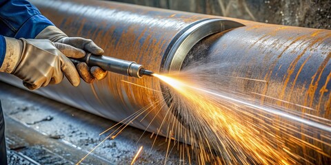 Close-up of a shaft undergoing thermal spray repair, with metal coating being applied to damaged surface, showing texture and layering of new material.