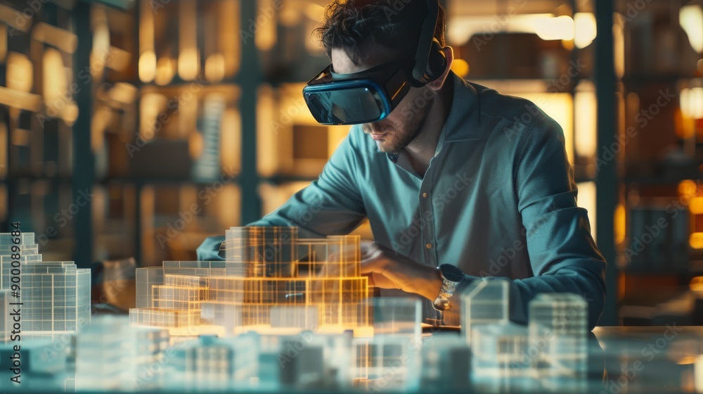 Poster Young engineer with virtual reality headset designing a city model in a creative workspace. Advanced technology in engineering and urban development.