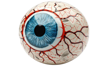 Close-up of a realistic human eyeball with blue iris and red veins, isolated on white background.